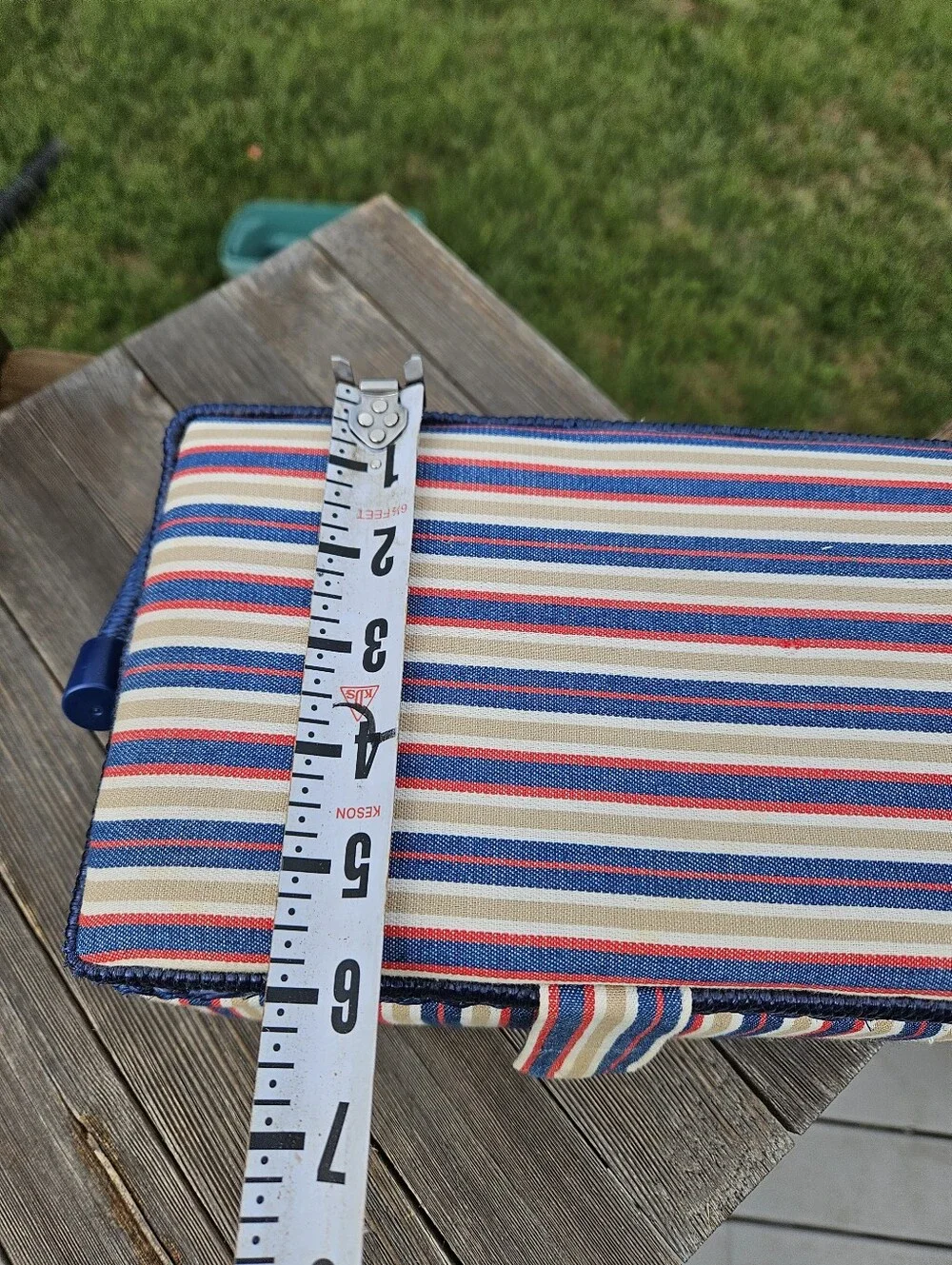 Vtg Red White Blue Striped Fabric Sewing Basket Woven Craft Box Case W/ Tray